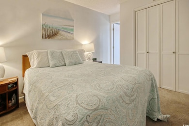 Bedroom with a closet and light carpet