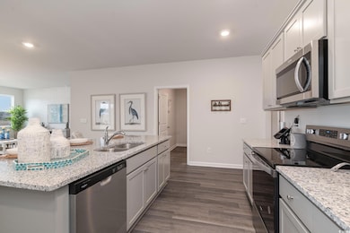 Kitchen with appliances with stainless steel finishes, a sink, dark wood-type flooring, baseboards, and recessed lighting