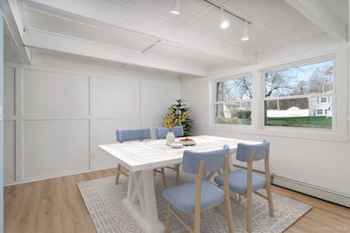 Dining space featuring beam ceiling, light wood-style flooring, track lighting, and a baseboard radiator