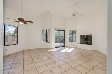 Living room with wood burning fireplace
