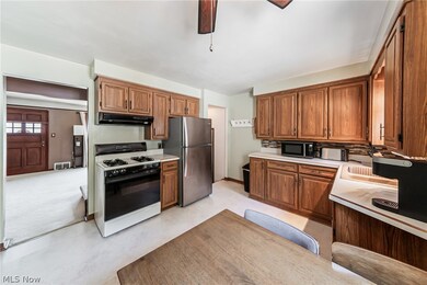 Kitchen featuring appliances with stainless steel finishes, light carpet, fume extractor, sink, and ceiling fan