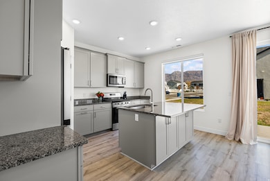 Kitchen with gray cabinets, dark stone counters, stainless steel appliances, a center island with sink, and light wood finished floors
