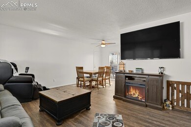Living room featuring a textured ceiling, dark woo