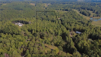 Aerial view of property and surrounding area with property parcel outlined and a forest