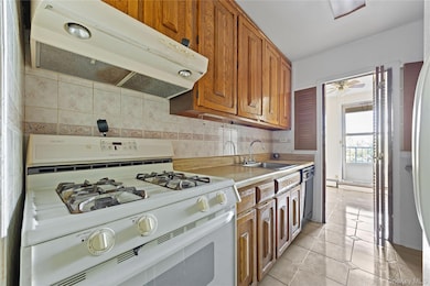 Kitchen featuring stainless steel appliances, brown cabinetry, under cabinet range hood, and decorative backsplash