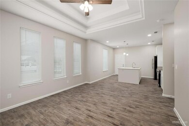 Spare room with a ceiling fan, a tray ceiling, dark wood-type flooring, a sink, and recessed lighting
