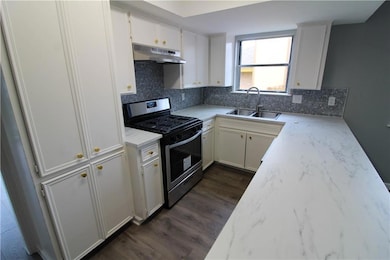 Kitchen with under cabinet range hood, a sink, ba
