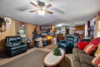 Carpeted living room featuring a textured ceiling, vaulted ceiling, a chandelier, and a ceiling fan