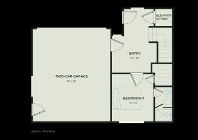 Welcome to Skyline B's first floor, featuring a spacious two-car garage, a convenient entryway, and a cozy bedroom with an en-suite bathroom. Elevator enhances accessibility.