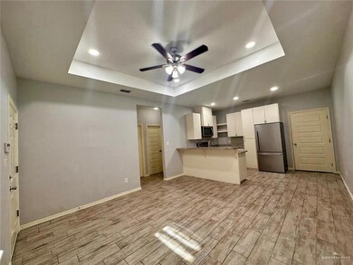 Kitchen with a tray ceiling, stainless steel appliances, white cabinets, a peninsula, and recessed lighting