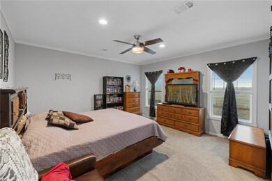 Bedroom featuring crown molding, multiple windows,