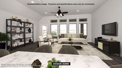 Living room featuring wood finished floors, recessed lighting, a ceiling fan, and vaulted ceiling