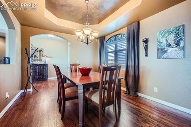 Dining room with a raised ceiling, a notable chandelier, and dark hardwood / wood-style flooring