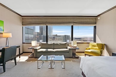 Carpeted bedroom featuring crown molding and a city view