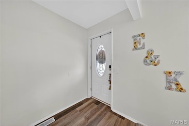 Foyer entrance with baseboards and dark wood-style flooring
