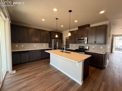 Kitchen featuring a textured ceiling, stainless steel appliances, dark brown cabinetry, dark wood-style floors, and light countertops