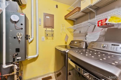 Laundry room with electric panel and washing machine and clothes dryer