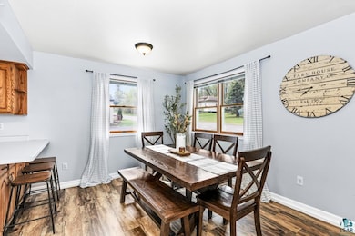 Dining area with plenty of natural light, dark woo