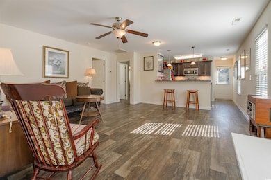 Living area with dark wood-style flooring and ceiling fan