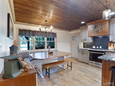 Kitchen featuring wooden ceiling, stainless steel range, tasteful backsplash, hanging light fixtures, and light wood-style floors