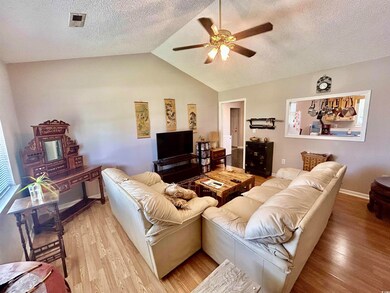 Living area with ceiling fan, wood finished floors, a textured ceiling, and vaulted ceiling