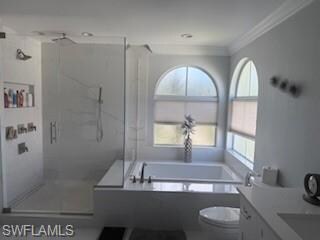Bathroom with a bath, vanity, a marble finish shower, and crown molding