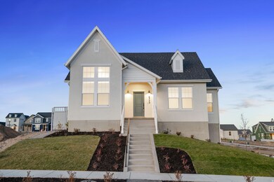 View of front of house with a front yard, roof with shingles, stucco siding, and a residential view