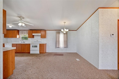 Kitchen with light carpet, light countertops, white appliances, brown cabinets, and crown molding