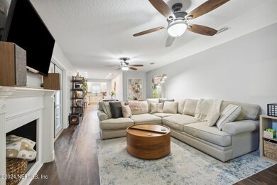 living room and fireplace