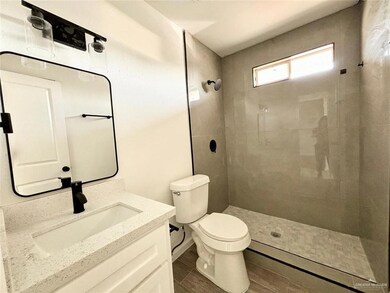 Bathroom with a tile shower, hardwood / wood-style flooring, vanity, and toilet