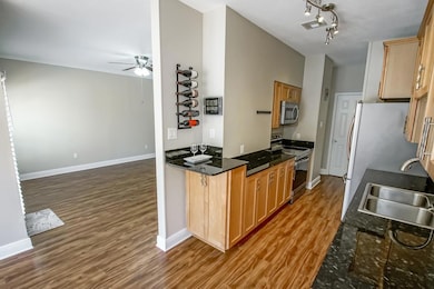 Kitchen features granite counter tops, wood cabine
