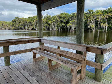 Dock area with a view of trees and a water view