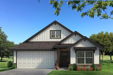 View of front of home featuring board and batten siding, concrete driveway, a front lawn, roof with shingles, and brick siding