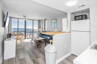 Kitchen featuring freestanding refrigerator, black microwave, wood finished floors, ceiling fan, and floor to ceiling windows