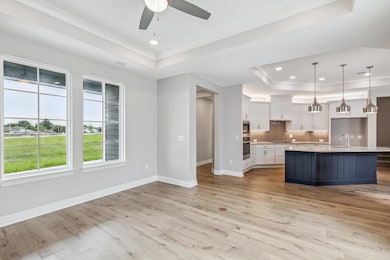 Kitchen featuring a tray ceiling, light hardwood / wood-style flooring, an island with sink, pendant lighting, and white cabinets