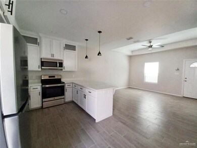 Kitchen with a peninsula, a ceiling fan, stainless steel appliances, open floor plan, and dark wood-style floors