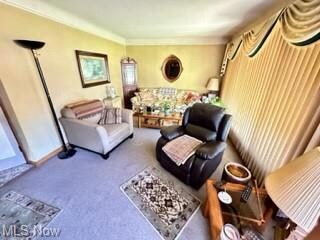 Living room with ornamental molding and carpet flo