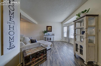Living area with baseboards, dark wood-style floor