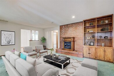 Carpeted living room featuring a fireplace and a t