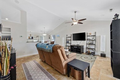 Living room featuring ceiling fan and lofted ceili