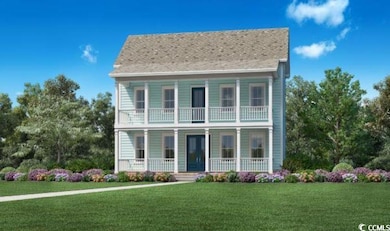 View of front of house featuring a balcony, a porch, and a front lawn