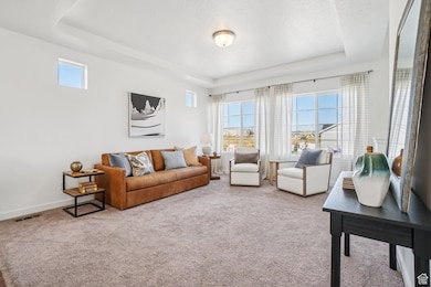Living area with a tray ceiling, light colored carpet, and a textured ceiling