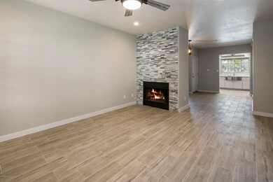 Stacked stone fireplace/Living room