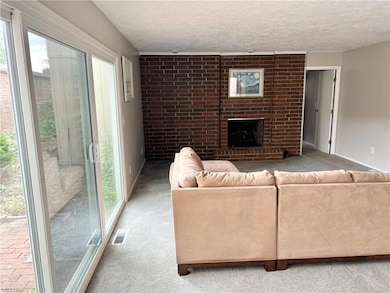 Large living room with wood burning fireplace and 