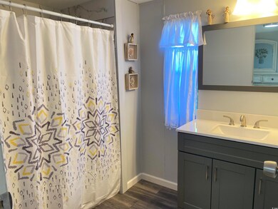 Bathroom with curtained shower, vanity, and hardwo