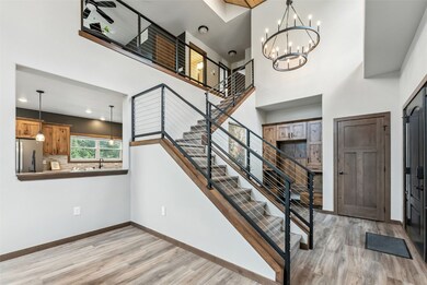 Foyer with mountain modern railings, Built-in cabi