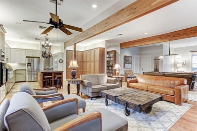 The wood beams add warmth and character to the hug