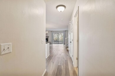 Welcoming entryway leads into an open main level filled with natural light and views of the wooded backdrop.