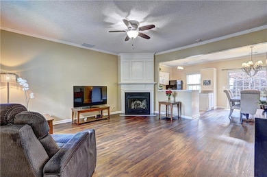 Living room with dark wood-type flooring, a ceilin