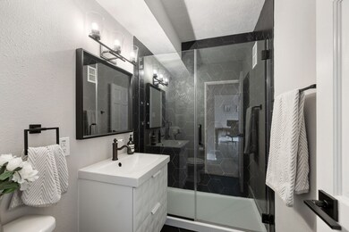Modern bathroom with walk-in shower, full glass wa